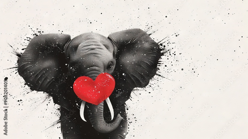 Poster elephant portrait with heart-shaped trunk and splashed paint on face