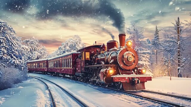 Christmas train traveling through snowy forest landscape. Vintage winter locomotive. Christmas travel concept. Festive holiday scene