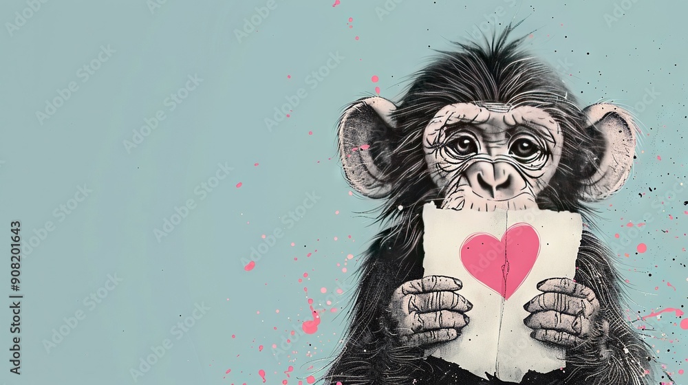 Poster a monkey with a heart-shaped paper on its chest and another in hand