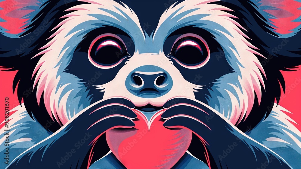 Aufkleber a panda bear holding a heart with its hands in front of its face on a red and blue background is opt