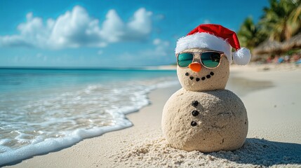 Holiday Snowman Made of Sand on Sunny Beach