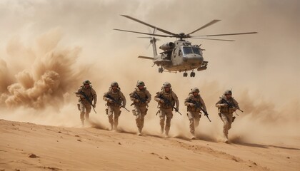 a group of soldiers on a desert hill and a military helicopter approaching them, during a sandstorm 
