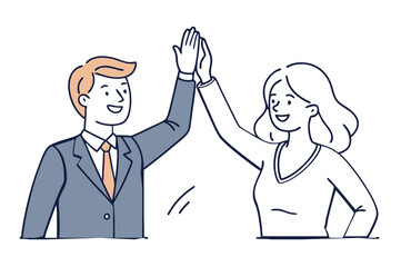 Businesswoman giving a high five to a colleague in meeting, One continuous single line hand drawing line art