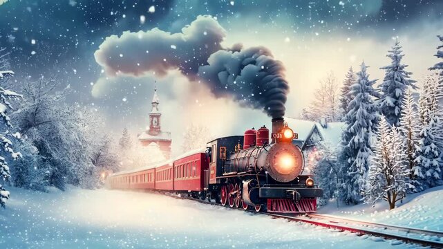 Christmas train traveling through snowy forest landscape. Vintage winter locomotive. Christmas travel concept. Festive holiday scene
