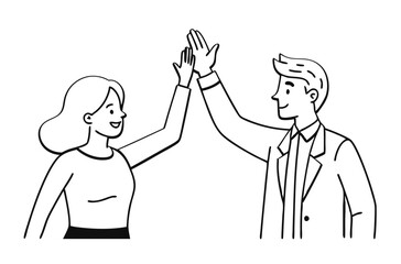 Businesswoman giving a high five to a colleague in meeting, One continuous single line hand drawing line art