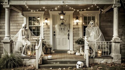 Fototapeta premium Two Skeletons Dressed in White on a Porch Decorated for Halloween