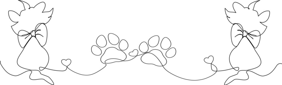 Linea continua con gatto seduto, impronte di zampa, cuore. Amore per gli animali in One continuous line, Illustrazione grafica vettoriale per Canva, presentazione, decorazione, ricamo,	