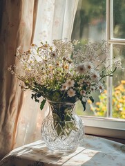 Beautiful floral arrangement in vase by a window