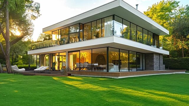 Stunning home with lovely glass walls, view from bottom to top as drone flies by