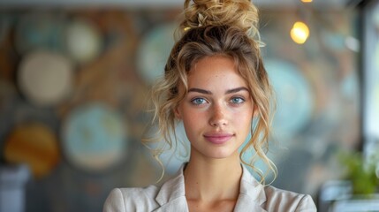 Ultra-sharp image of a professional businesswoman with vitiligo, exuding confidence in a contemporary office environment, wearing a smart business suit, with a minimalist background that accentuates