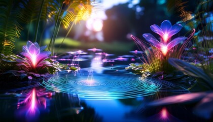 A tranquil pond surrounded by flora with electric tendrils reaching out and illuminating the water in a soft, pulsating glow.