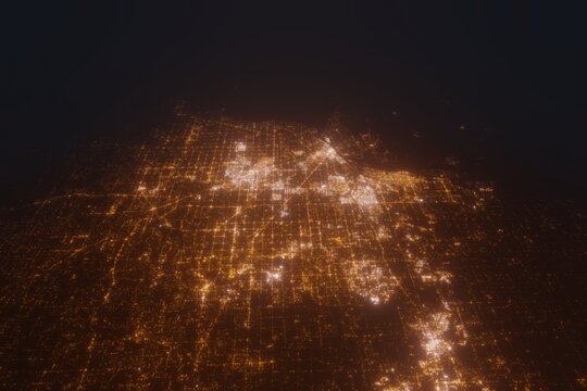 Aerial view on Detroit (USA) from west. Satellite view on modern city at night - Powered by Adobe