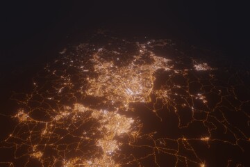 Aerial view on Abuja (Nigeria) from east. Satellite view on modern city at night
