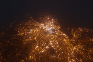 Aerial view on New York City (USA) from west. Top view on modern city at night from satellite