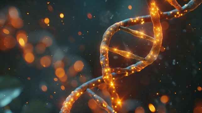 DNA double helix with shine on blurry background, like microscope view. 16-9 wallpaper