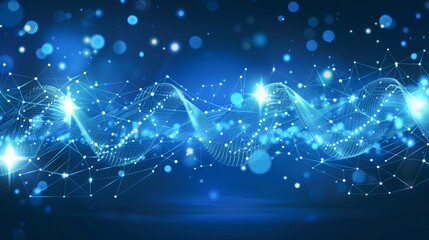 Blue glowing dots and lines looks like DNA double helix with shine on blur background
