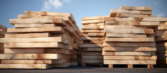 Piles of wooden boards in the sawmill, planking.