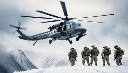 A group of soldiers stationed at the top of a snowy mountain, standing in formation amidst the freezing cold, as a military helicopter approaches to pick them up, its rotors kicking up snow into the a