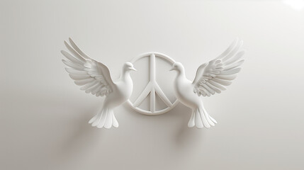 Obraz premium Doves and peace symbol on a white background with copy space for text or design, International Day of Peace, doves and peace