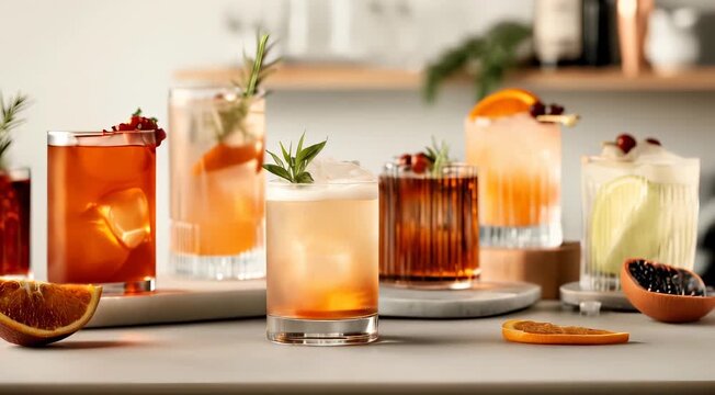 An assortment of colorful cocktails in various glasses garnished with citrus slices, herbs, and berries, set on a light-colored surface with a blurred background.