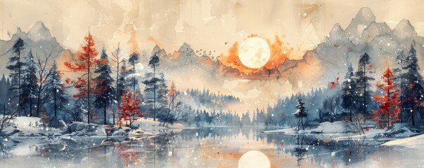 Fototapeta premium Abstract snowy landscape with moon and stars in watercolor on white.