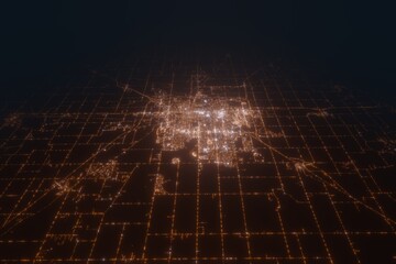 Aerial view on Bloomington (USA) from east. Top view on modern city at night from satellite