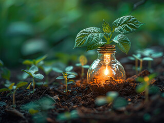 Green Innovation news conception. Light bulb with coins beside and young plant on top concept put on the soil in soft green nature background. Green World Map On The Light Bulb With