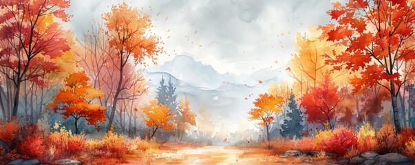 Watercolor abstract autumn path with vibrant foliage.