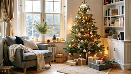 Obraz premium Decorated Christmas Tree in a Cozy Living Room with Presents