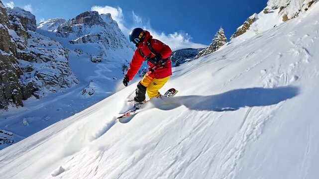 Adrenaline and freedom: the snowboarder conquers the mountain at high speed, masterfully controlling the board in the snow.