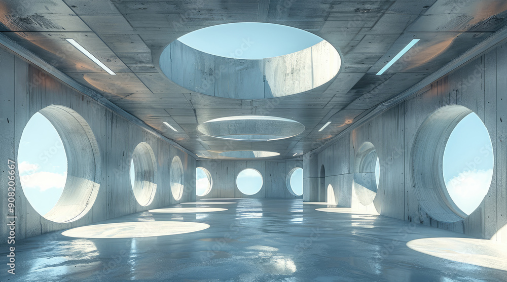 Aufkleber a large open space with concrete walls and skylights, a few round windows on the ceiling, and a flat