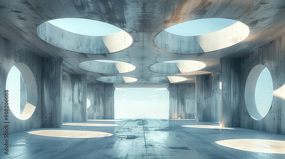 Aufkleber a large open space with concrete walls and skylights, a few round windows on the ceiling, and a flat