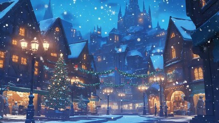 Snowy Christmas village with falling snow, decorated houses and festive lights. Digital illustrations, 2D animation. Christmas celebration and New Year holiday concept.