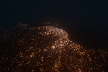 Aerial view on Davao City (Philippines) from west. Satellite view on modern city at night