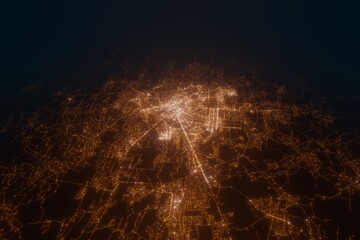 Aerial view on Lviv (Ukraine) from west. Top view on modern city at night from space