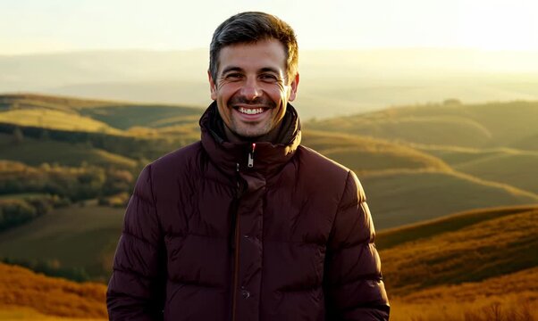 Full-length portrait video of a cheerful man in his 30s wearing a warm parka against a hillside or rolling hills background