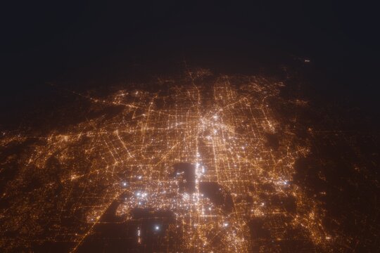 Aerial view on Houston (USA) from west. Top view on modern city at night from satellite