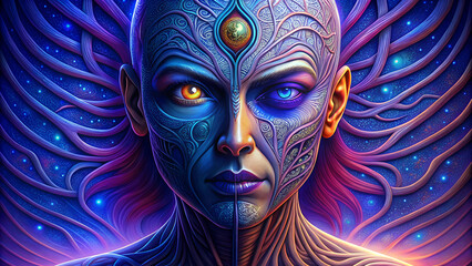 A creature with a body that flickers between human and robotic form, as if stuck in a constant state of transformation. His skin shimmers with digital particles