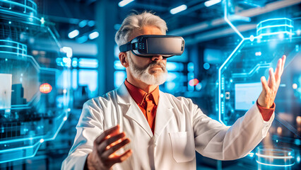 A determined gray-haired adult scientist in virtual reality glasses stands in the center of a futuristic white lab where he is surrounded by holographic displays while he creates and tests new inventi