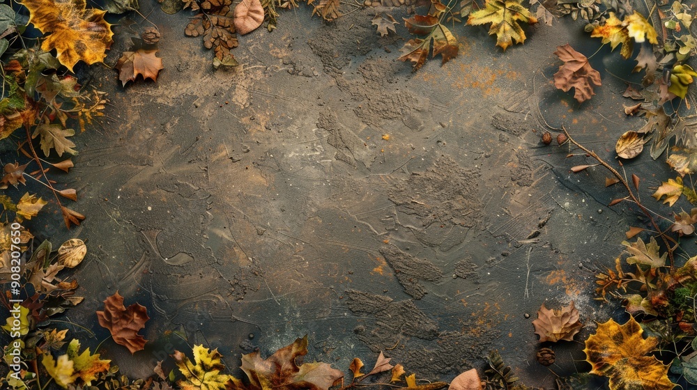 Poster autumn themed top down view with rustic border and copy space
