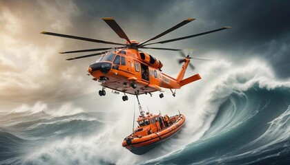 A rescue helicopter hovering above a choppy ocean, with high waves crashing around a lifeboat as crew members are lowered to help stranded survivors.
