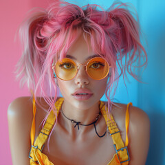 a woman with pink hair and sunglasses on

