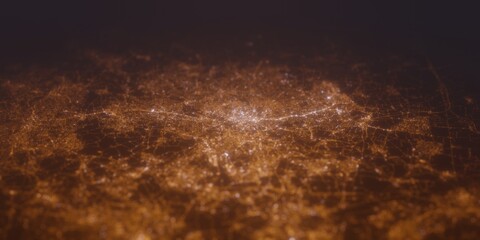 Street lights map of Leeds (UK) with tilt-shift effect, view from south. Imitation of macro shot with blurred background. 3d render, selective focus