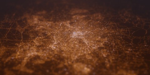 Street lights map of Sheffield (UK, England) with tilt-shift effect, view from north. Imitation of macro shot with blurred background. 3d render, selective focus
