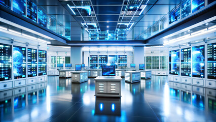 A high-tech space with translucent panels through which pulsating lines of light are visible, symbolizing the processor connections of artificial intelligence.