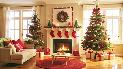Obraz premium Cozy Christmas Living Room with Decorated Trees and Fireplace