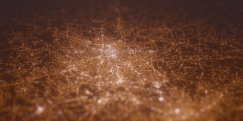 Street lights map of Greensboro (North Carolina, USA) with tilt-shift effect, view from west. Imitation of macro shot with blurred background. 3d render, selective focus