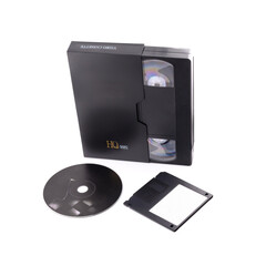 VHS video cassette, floppy disk, CD DVD disk