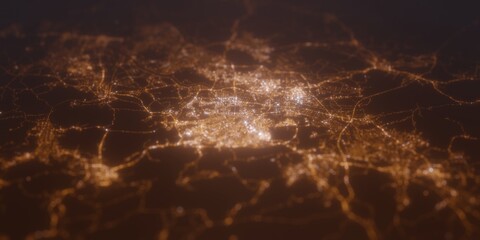 Street lights map of Gwangju (Korea) with tilt-shift effect, view from east. Imitation of macro shot with blurred background. 3d render, selective focus