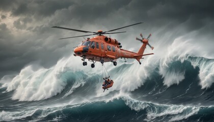 A rescue helicopter hovering above a choppy ocean, with high waves crashing around a lifeboat as crew members are lowered to help stranded survivors.
